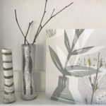 'Printroom' greetings card and raku funnel vases