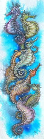 Sea horses - watercolour and gold acrylic