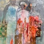 'Do you think we'll need a coat?' Paint and ink on canvas 100x100cm