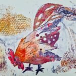 Cockerel, monoprint, collage, handmade paper.