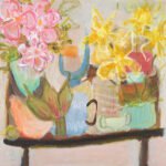 Atist's Table: Acrylic & mixed media cradled panel framed 53cm x 53cm