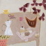 Coffee & Cakes: Acrylic & mixed media wood panel framed 35cm x 35cm