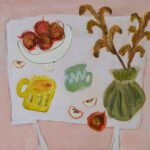 Eating Apples: Acrylic & mixed media wood panel framed 40cm x 40cm