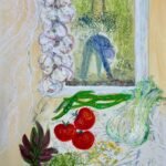 Vegetables from my Garden, acrylic, monoprint, oil pastel.